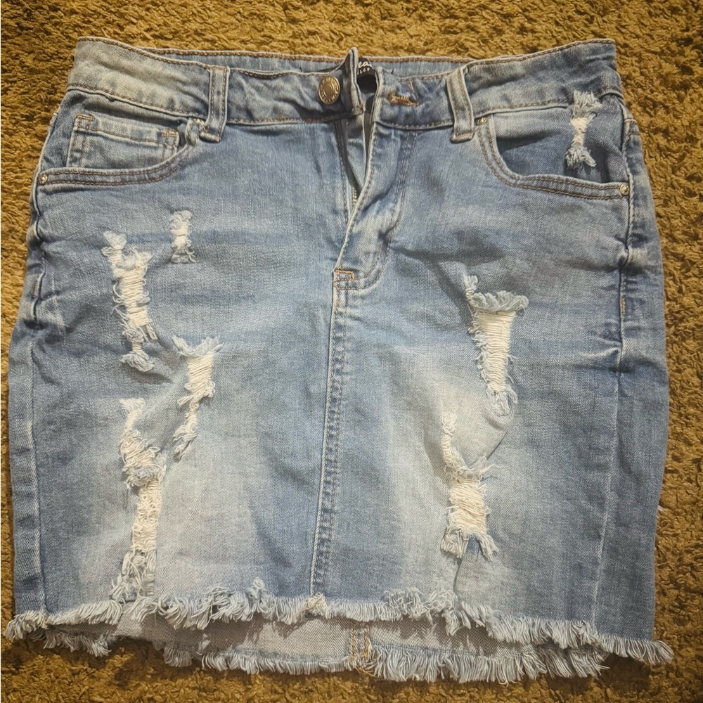 Trendy Blue Distressed Denim Pencil Skirt